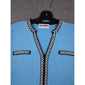 VTG San Remo Womens Sweater L Blue Chevron Zip Cardigan Old Money Coastal Preppy